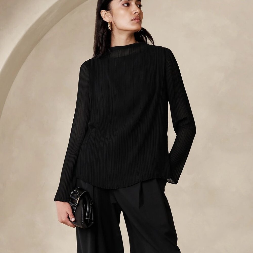 NWT Banana Republic Black Tie Chiffon Pleated Blanche Blouse Dress Top XS
